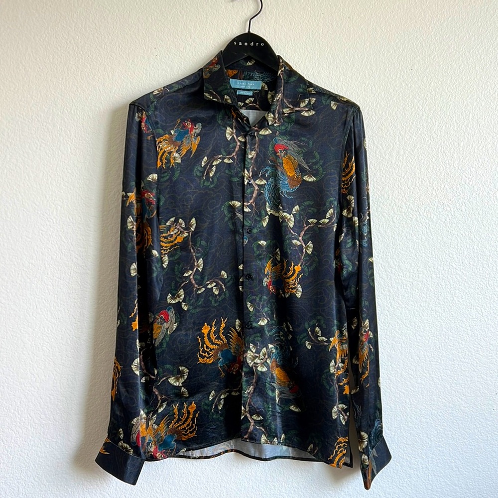 Zara Long Sleeve Button Up Dress Shirt, medium, dark blue/orange